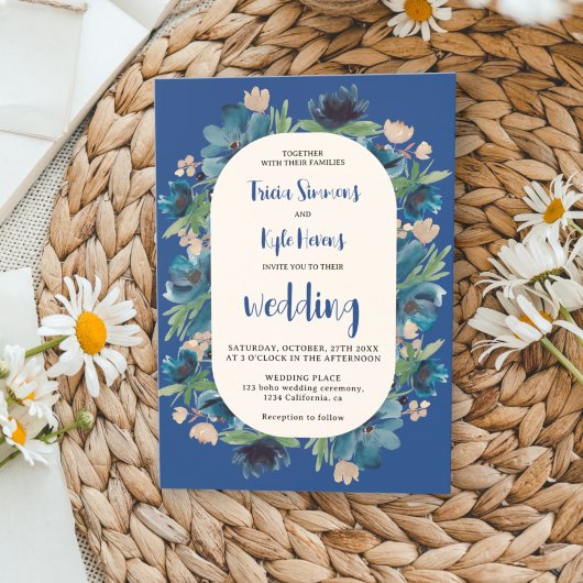 ボホモダンブルーフローラアーチ結婚スクリプト 招待状