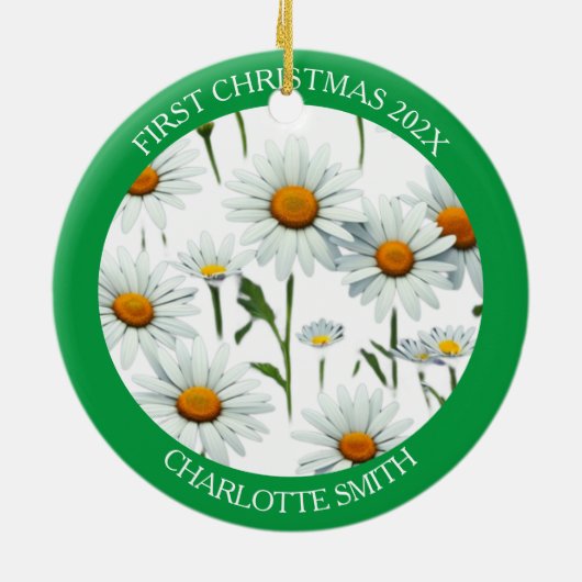 ボホモダンホワイトデイジーフローラ初めてのクリスマス セラミックオーナメント (裏面)