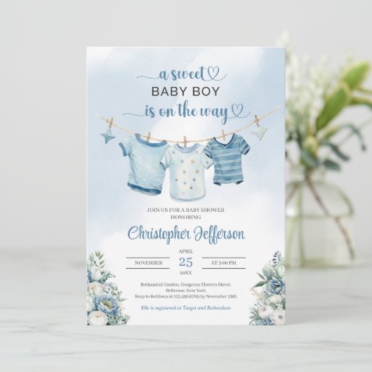 ボホモダンボーイ赤ちゃんシャワー子供部屋服 招待状 (スタンド正面)