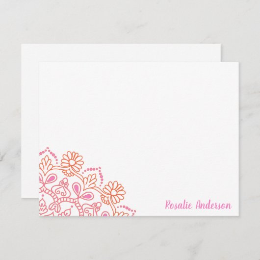 ボホモダンマンダラピンクとオレンジパーソナライズされた ノートカード (正面/裏面)