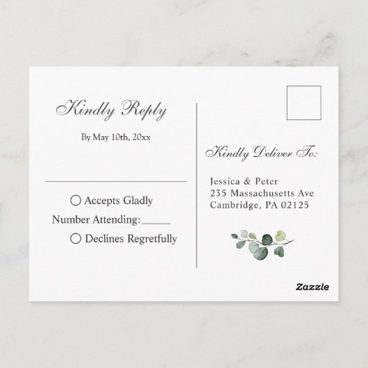 ボホモダンユーカリリースフレームウェディングRSVP ポストカード (裏面)