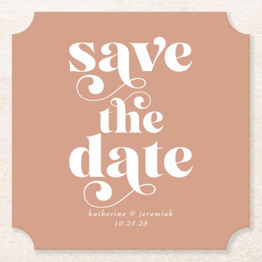 ボホモダンレトロタイポグラフィ結婚式の日付を保存 ペーパーコースター (正面)