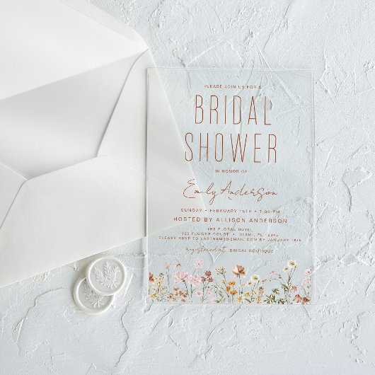ボホモダンワイルドフラワーブライダルシャワーエレガント アクリル招待状