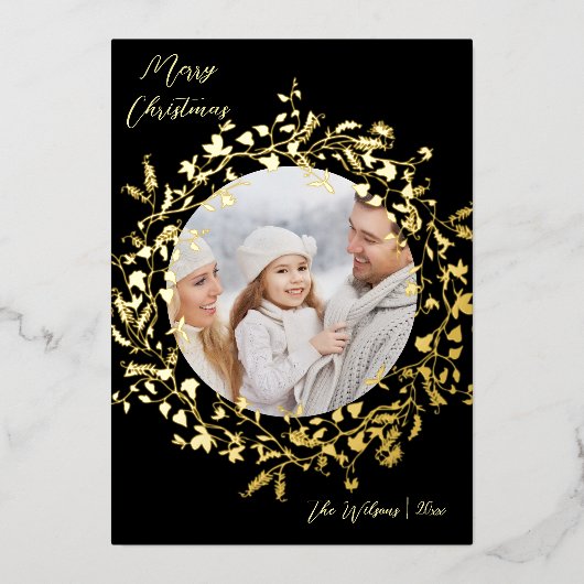ボホモダンワイルドフラワーメリークリスマスフォト金ゴールド 箔シーズンカード (正面)