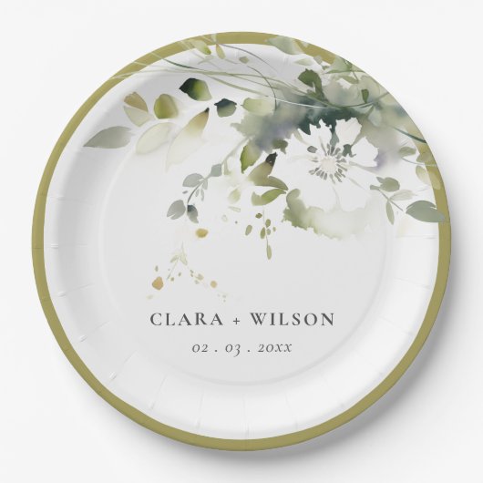 ボホモダン抽象芸術グリーンホワイトフローラ結婚ズ ペーパープレート (正面)