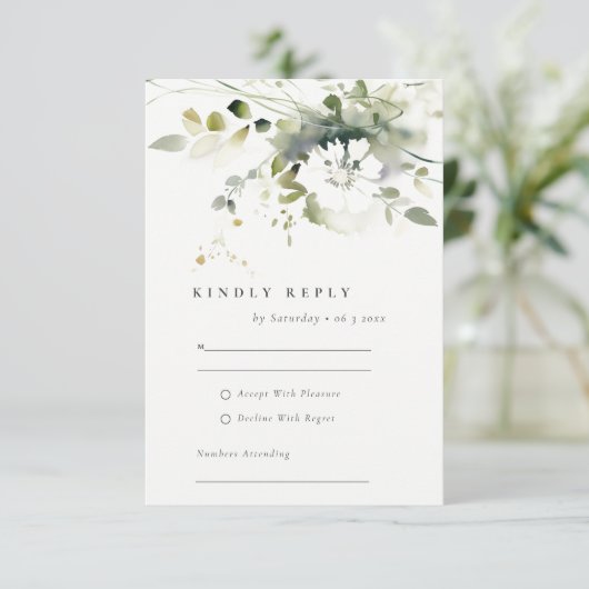 ボホモダン抽象芸術グリーンホワイトフローラ結婚ズ 出欠カード (スタンド正面)