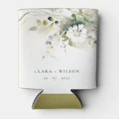 ボホモダン抽象芸術グリーンホワイトフローラ結婚ズ 缶クーラー (正面)