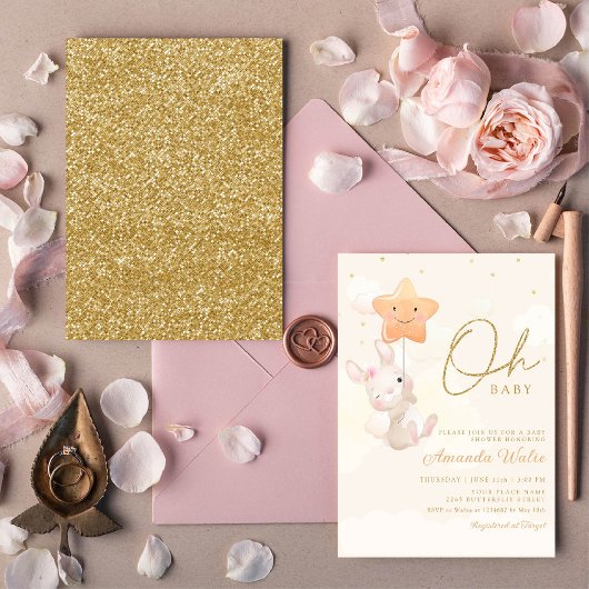 ボホモダン水彩可愛いバニー女の子ベビーシャワー 招待状