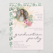 ボホモダン赤面ピンクフローラフォト卒業 招待状 (正面/裏面)