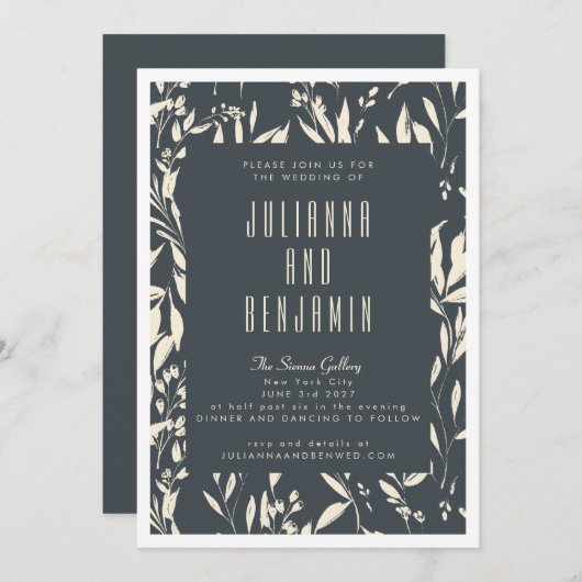 ボホモダン黒手描きフローラ結婚ズ 招待状 (正面/裏面)