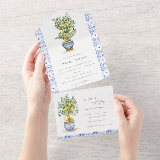 ボホモロッコウォーター色イエローレモンツリー結婚ズ オールインワン招待状 (貼ってはがせる)