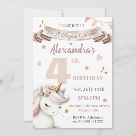ボホユニコーンマジカルガール4th誕生日招待状 招待状 (正面)