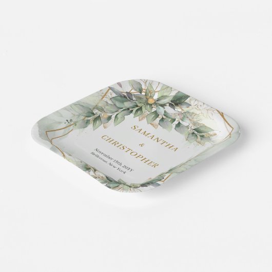 ボホユーカリの緑の枝の金ゴールド結婚ズ ペーパープレート (傾斜あり)