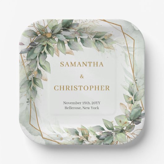 ボホユーカリの緑の枝の金ゴールド結婚ズ ペーパープレート (正面)