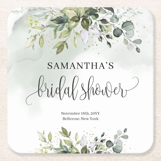 ボホユーカリプタス緑の枝金ゴールドブライダル スクエアペーパーコースター (正面)