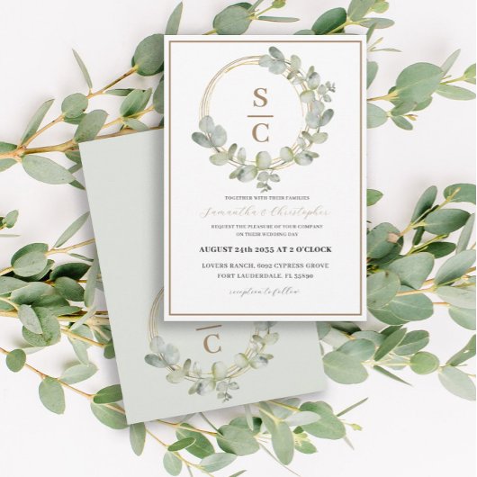ボホユーカリプトゥスグリーン&金ゴールドリース結婚ズ 招待状