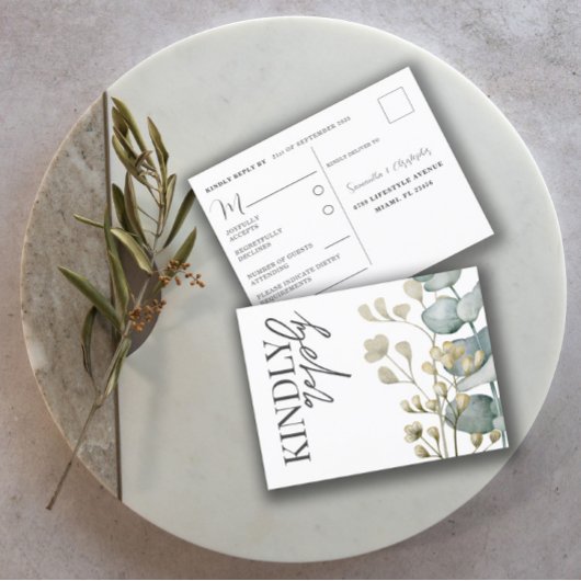 ボホユーカリプトゥスセージグリーン&ホワイトRSVP招待状 インビテーションポストカード