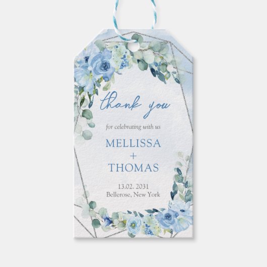 ボホライトブルー花ユーカリ銀枠 ギフトタグ (正面)