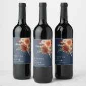 ボホラストウォーターカラーフローラネイビーブルー結婚ズ ワインラベル (ボトル)