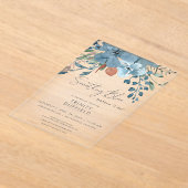 ボホラストブルーフローラ何かブルーブライダルシャワー アクリル招待状 (レイダウン)