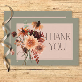 ボホラスト&ニュートラル秋フローラセージグリーン結婚ズ サンキューカード