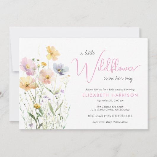 ボホリトルワイルドフラワーウォーター色ベビーガールシャワー 招待状 (正面)