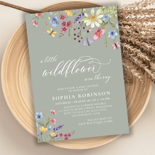 ボホリトルワイルドフラワースクリプトグリーンベビーシャワー 招待状
