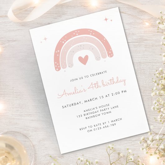 ボホレインボーウォーターカラーガールピンク誕生日 招待状