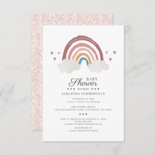 ボホレインボーウォーターカラーシックなベビーシャワー 招待状 (正面/裏面)