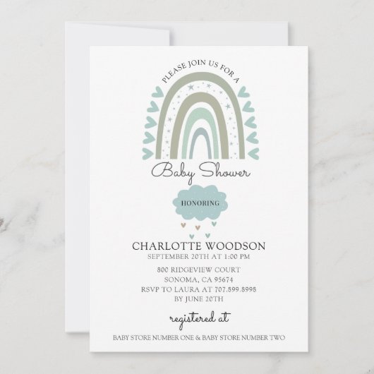 ボホレインボーウォーターカラーブルー男の赤ちゃんシャワー 招待状 (正面)