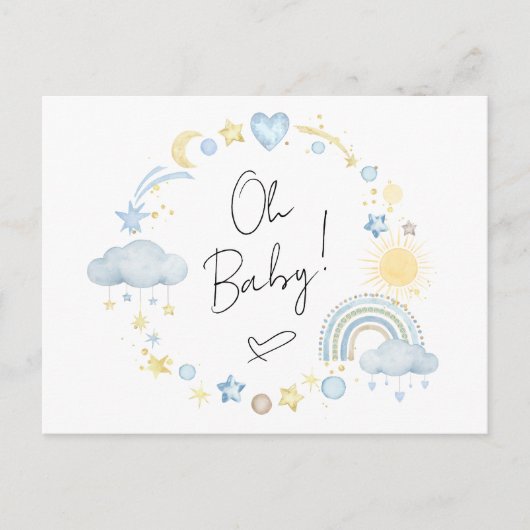 ボホレインボーウォーターカラー男の赤ちゃんシャワー インビテーションポストカード (正面)