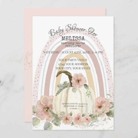 ボホレインボーカボチャピンクフローラ金ゴールドスパークルガール 招待状 (正面/裏面)