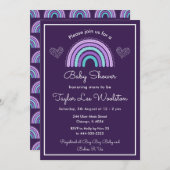 ボホレインボーパープルとターコイズブルーベビーシャワー 招待状 (正面/裏面)