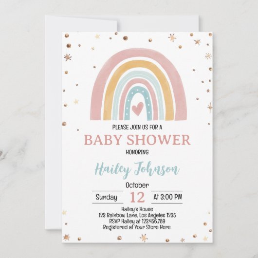 ボホレインボーピンクガールベビーシャワー招待状 招待状 (正面)