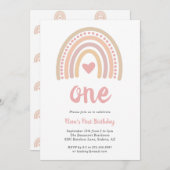ボホレインボーピンクハートガールキュートファースト誕生日 招待状 (正面/裏面)