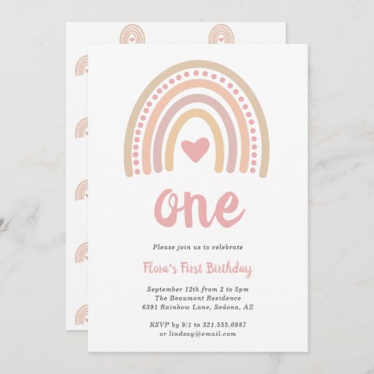 ボホレインボーピンクハートガールキュートファースト誕生日 招待状 (正面/裏面)