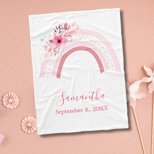 ボホレインボーピンクフローラ花ベビーブランケットギフト フリースブランケット