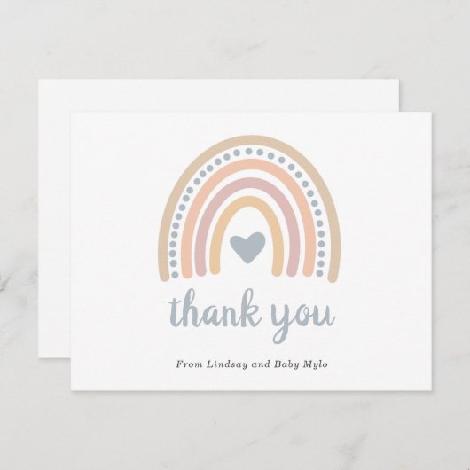 ボホレインボーブルーハートかわいい男の子ベビーシャワー サンキューカード (正面/裏面)