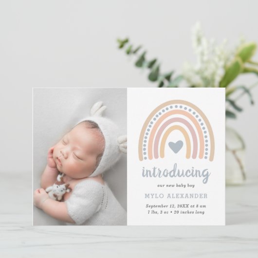 ボホレインボーブルーハートかわいい男の赤ちゃんフォト誕生 案内状 (スタンド正面)