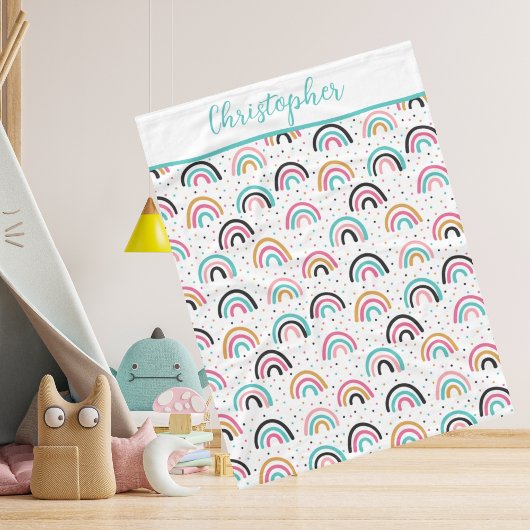 ボホレインボーモノグラムのズティール(緑がかった色)オレンジベビーブランケット フリースブランケット