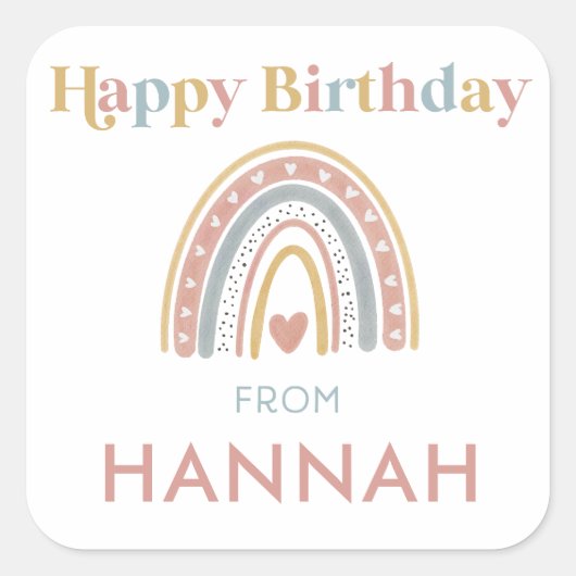 ボホレインボー子供の誕生日ギフトステッカー スクエアシール (正面)