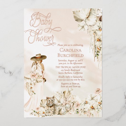 ボホレオパレドレディ熱帯フローラガールベビーシャワー 箔招待状 (正面)