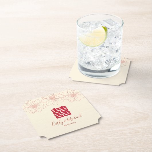 ボホレッドとベージュの中国のフローラ結婚ズ ペーパーコースター (インサイチュ)