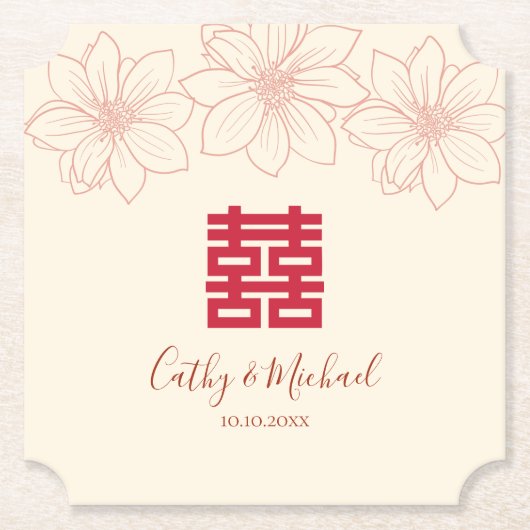 ボホレッドとベージュの中国のフローラ結婚ズ ペーパーコースター (正面)