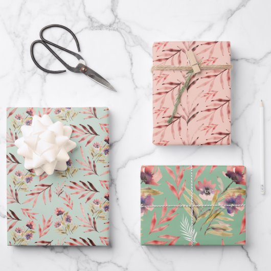 ボホレッドピンクグリーン水彩ワイルドフロバー ラッピングペーパーシート (正面)