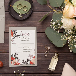 ボホレッドピンクラベンダー薄紫フローラ招待状RSVP 出欠カード