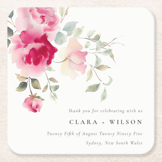 ボホレッドピンクローズフラワーズウォーター結婚カラー スクエアペーパーコースター (正面)