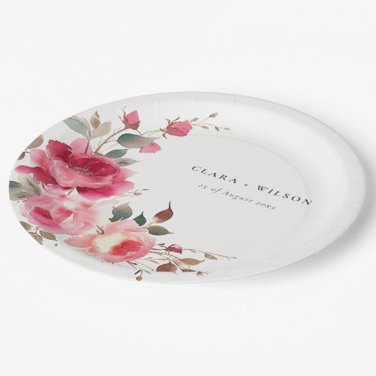 ボホレッドピンクローズフラワーズウォーター結婚カラー ペーパープレート (アングル)