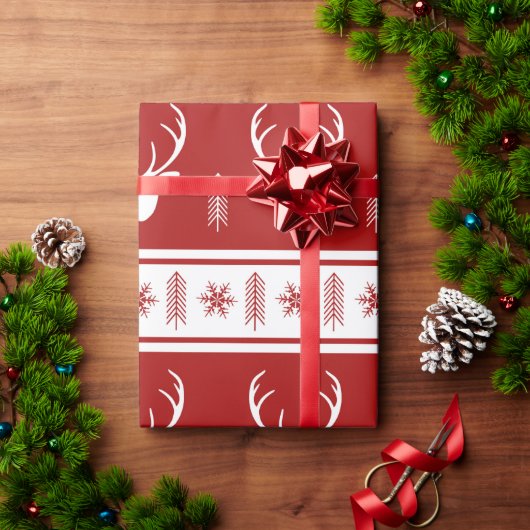 ボホレッドホワイトトナカイ雪の結晶クリスマス ラッピングペーパー (クリスマスギフト)