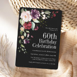 ボホレッド赤面とパープルフローラ60誕生日 招待状<br><div class="desc">美し祝いボホスタイルで60歳の誕生日を迎え、この水の色のフローラ誕生日パーティーの招待とユニーク、洗練されたブラックで。バーガンディの赤、赤面のピンク、梅の紫スタイリッシュ、桃の色の組み合わせで美しいフローラコーナーの花束が広がり、その間に豪華な緑が散らばっている。それは年の任意の時間にお祝いのための素晴らしい選択をする。招待状の裏側には、マッチする花束が飾られている。この招待状は、印刷された招待状またはデジタルダウンロードの両方としてご利用いただけます。</div>